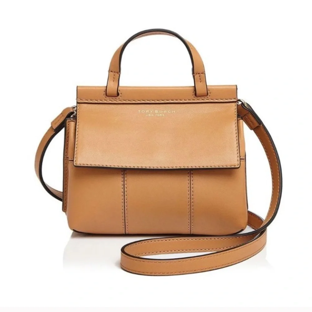 Tory Burch Block T Mini Satchel Bag Light Tan Leather Handbag Top Handle 2 Ways - Picture 11 of 17